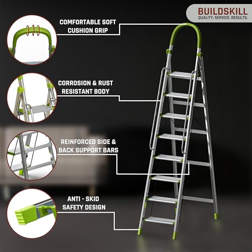Image of BUILDSKILL Aluminium Ladder for Home 8 Steps | 37x16cm Wide Anti-Slip Aluminium Steps | Stainless Steel Body | Handrails | Load 150 Kg | Foldable Lightweight 9.85KG Ladder for Kitchen, Office & Home