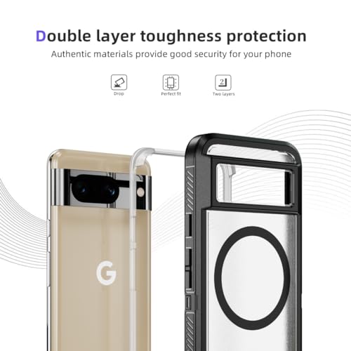 YANJIEER ESONG Magnetic Case for Google Pixel 8A,Compatible with MagSafe,Military Grade Shockproof Hard PC Rugged Bumper Protective Phone Cover with 1 Tempered Glass Screen Protectors,Black+Clear - Image 3