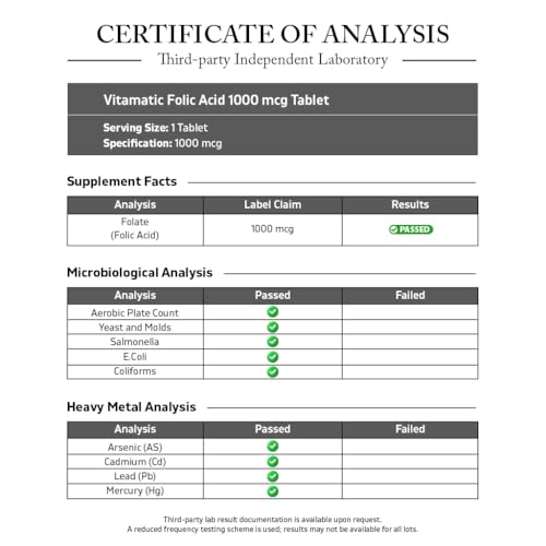 Image of Vitamatic Folic Acid 1000 mcg (1 mg), 240 Vegetarian Tablets | Vitamin B9 (Pack of 3)