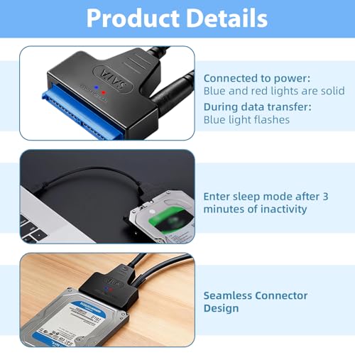xruc USB 3.0 to SATA Adapter with 12V 2A Power Supply, SATA to USB Hard Drive Adapter for 3.5" 2.5" HDD SSD High-Speed Data Transfer SATA Cable for Windows Macos Linux UASP - Image 3