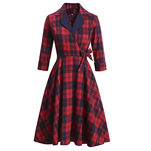 Rockabilly Kleider Damen Dünn Jahre Vintage Elegant 3/4 Ärmel Reißverschluss Kariertes Knielang Swing Coctailkleid Dünn