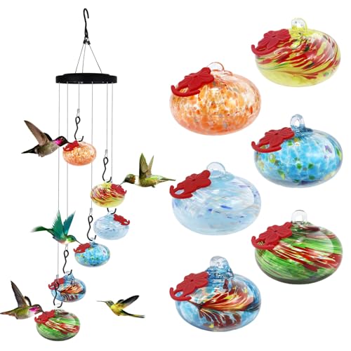 Glass Hummingbird Feeder Wind Chimes for Outdoors Hanging Hand Blown Glass with 6 Glass Balls Leak-Proof & Bee Proof for Outdoor Garden Decor for Bird Lovers