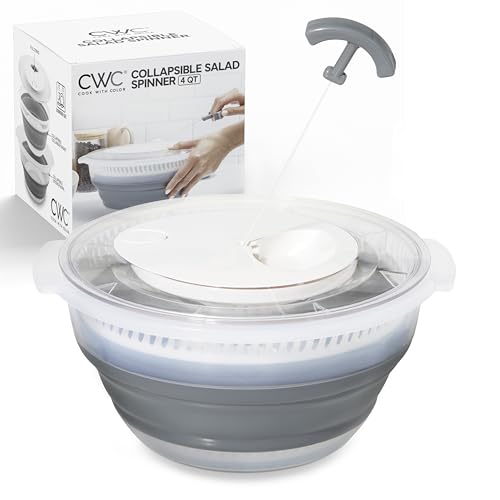 COOK WITH COLOR Collapsible Salad Spinner - 4 QT Space Saving Lettuce Dryer with Folding Collapsible Colander Great for Washing and Drying Fruit and Vegetables (Grey) by COOK WITH COLOR - Used condition - US$26.07