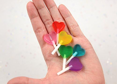 Heart Lollipops - 35mm Little Heart Shaped Fake Lollipop Faux Candy Acrylic or Resin Cabochons - A Rainbow of Colors - 6 pc Set