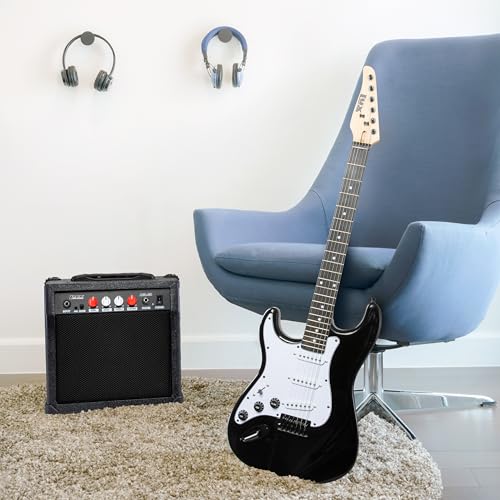 Image of LyxPro Left Hand 39 Inch Electric Guitar and Starter Kit for Lefty Full Size Beginner's Guitar, Amp, Six Strings, Two Picks, Shoulder Strap, Digital Clip On Tuner, Cable and Soft Case - Black