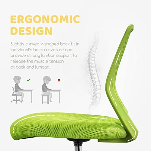 Image of Yaheetech Small Desk Chair, Armless Adjustable Swivel Seat, Green | Padded mesh seat and ventilated resin back, compact armless frame rolls and adjusts for study and small desks, holds 300 lb.