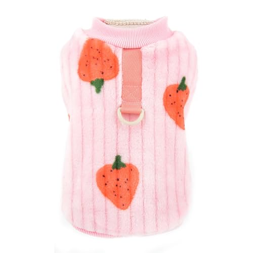 SMALLLEE_LUCKY_STORE Hunde-Fleecepullover für kleine Hunde und Katzen, Haustierpullover mit Erdbeerdruck und D-Ring, Welpenweste, Yorkie, Chihuahua, warme Kleidung, Winter Herbst Bekleidung, Rosa, S