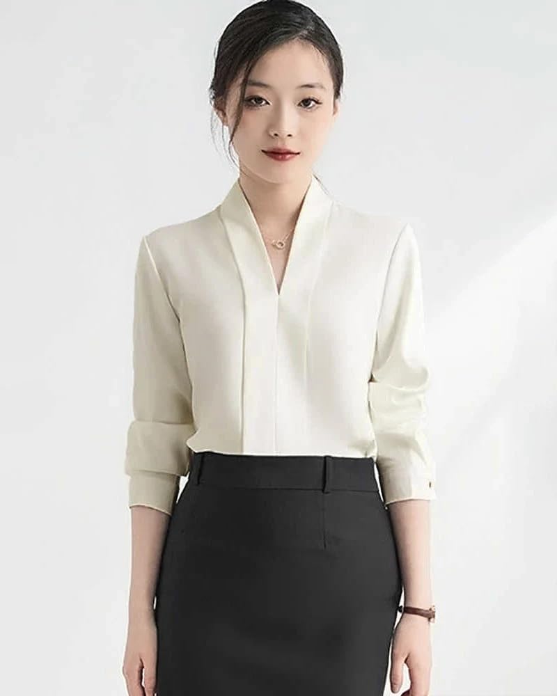 DAISYSILK Women’s V Neck Long Sleeve Silk Blouse, 19 Momme Stretch Double Georgette Top, Elegant Workwear Shirt - Image 2