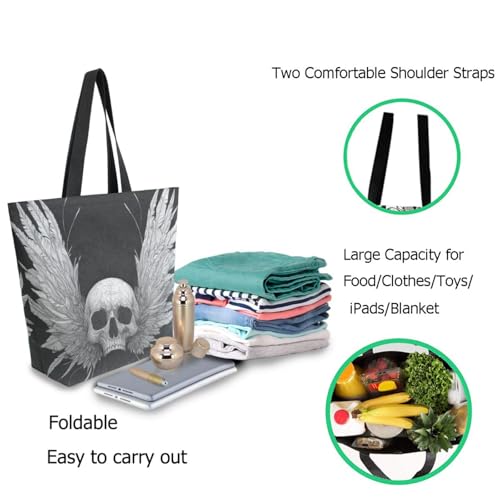 Cool Skull Wtih Wing Black Extra Large Canvas Gym Shoulder Tote,Durable Reusable Daily Top Handle Bag for Mens Womens Yoga Weekender Picnic Beach Travel Market Shopping3