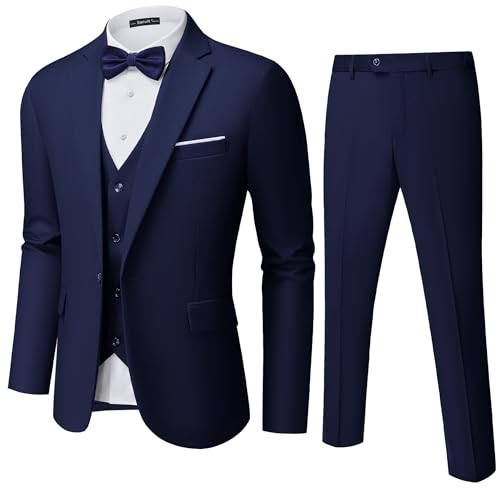 Mens Suit Tuxedo Set Slim Fit Suits 3 Piece One Button Prom Wedding Blazer Vest Pants Navy Blue
