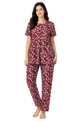 Image of KIAWAH Women Printed Night Suit Set, Cotton Blend Night Suit, A-Line Top and Pajama Set, Soft and Breathable Night Wear