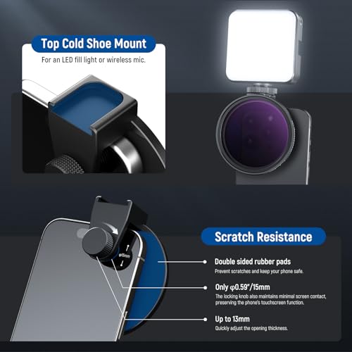 Image of NEEWER 67mm Clip On Variable ND Filter Kit with Cold Shoe Phone Clip, Adjustable ND2-32 Filter Compatible with iPhone 17 16 15 Pro Max Plus Android Samsung Galaxy S24 S25 Ultra