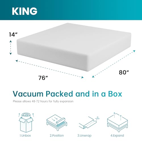 Image of FDW | 14 Inch King Mattress | Medium Firm | Gel Memory Foam Mattress | White | Bed in a Box, CertiPUR-US Certified | Pressure Relief, Cooling Ventilated Foam | Washable Removable Cover