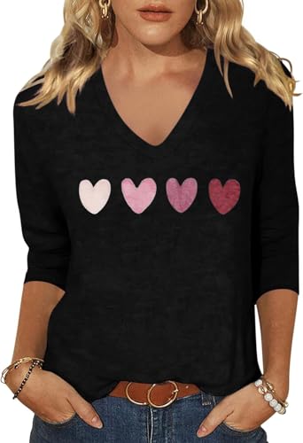 Image of Woffccrd Womens 3 /4 Sleeve V Neck T-Shirts Valentina's Day Spring Shirts Love Heart Printed Graphic Tees
