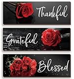 3 Pcs Red Bathroom Decor Rose Wall Art Inspirational Flower Wooden Signs Red and Black Bathroom Office Wall Decor with Thankful Grateful Blessed Quotes for Women Bedroom Kitchen(12x4 Inch)