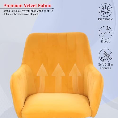Image of Taboo Velvet Dining Chair Set of 6 | Upholstered Accent Arm Chairs | Soft Cushioned Seat with Backrest | Modern Velvet Fabric Chairs with Metal Legs | Living Room, Bedroom, Cafe & Restaurant | Yellow