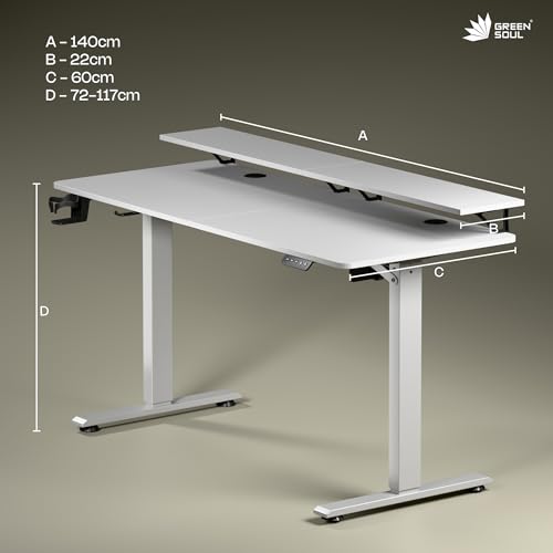 Image of Green Soul Elevate Height Adjustable Table with Monitor Riser | Integrated Organisation | Advance Memory Preset | 3 Year Warranty | Engineered Wood| Installation Provided (White, 1400 x 600 Top)