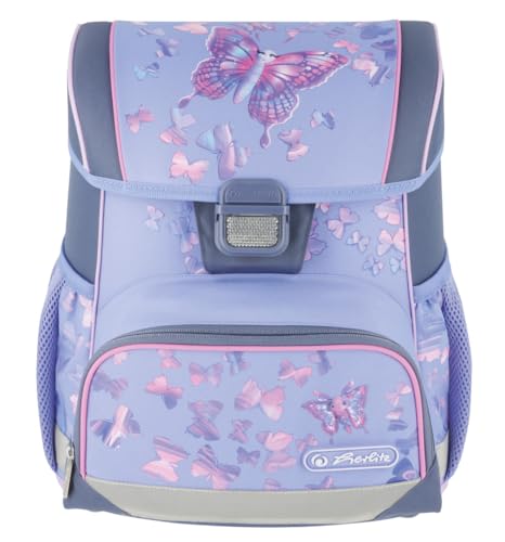 HERLITZ Loop Butterfly Paradise Schulranzen, Rucksack für Kinder, Schulrucksack 17L, Kinderrucksack, Leicht Schultasche für Mädchen, Reflexmaterial, Schnallenverschluss, Ergonomische Form, Hellviolett