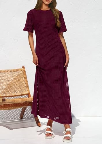 Image of PRETTYGARDEN Womens Eyelet Crochet Maxi 2 Piece Dress Sets | Knit Mesh Layered Two-Piece Dress, Short Sleeve Crew Neck Cover Up With Slip, Summer Resort Vacation Beach Hollow Out Dresses