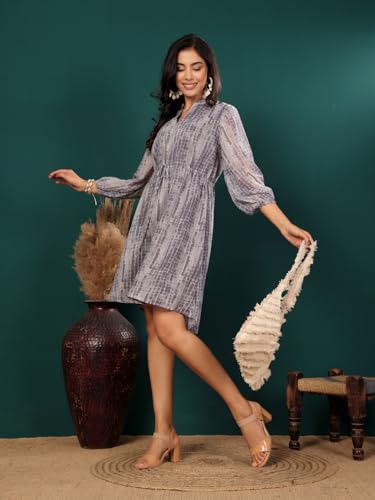 Image of Varanga Women Tie and Dye Printed Short Dress with Three-Quarter Puff Sleeves - A Stylish and Comfortable Casual Outfit