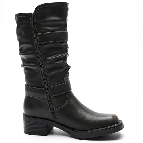 Image of GLOBALWIN Chunky Mid Calf Fashion Dressy Motocycle Biker Military Style Combat Boots for Women Low Heel