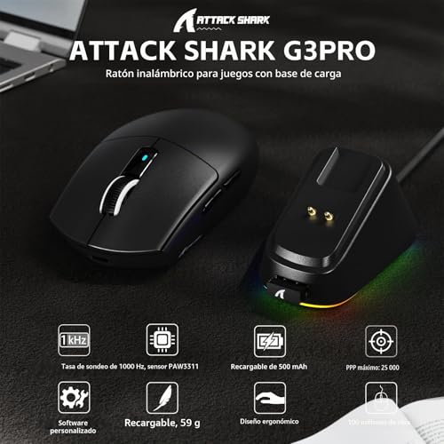 Ratón inalámbrico ATTACK SHARK G3PRO negro de 59g con PAW3311 y base de carga 2