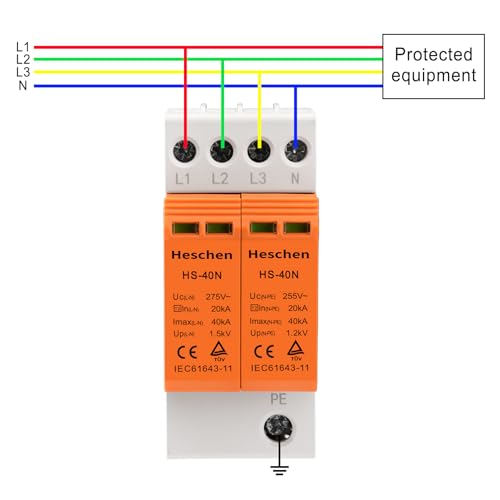 Heschen Surge Protective Device SPD, HS-40N, 275VAC 20KA, Fire-Proof, Low-Voltage Arrester, 35mm DIN Rail Mounting (3+NPE) - Image 3