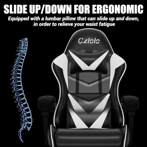 Image of Czlolo Gaming Chair with Footrest Racing Style Lumbar Support Massager Video Game Chair with Metal Legs, High Back Reclining Gamer Chair with Headrest, 360 Swivel Office Computer Desk Chair (White)