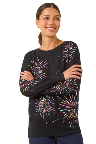 Image of Roman Originals Women Diamante Embellished Jumper Ladies Sparkly Sequin Sweater Batwing Autumn Winter Knit Knitwear Glittery Shiny Casual Evening Going Out Party - Noir Multi - Size 12