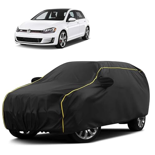 Image of Sulfar 100% Water Resistant Car Body Cover Compatible with Mirror for Volkswagen GTI (Triple Stitched, Full Bottom Elastic, Black Taffeta with Yellow Piping)