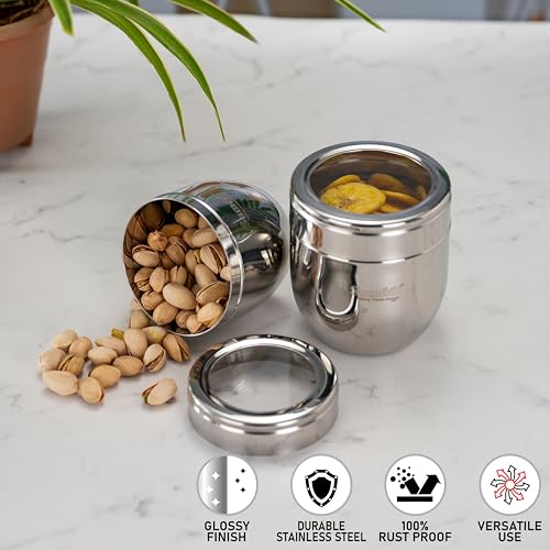Image of Sumeet Stainless Steel Conical Shape Canisters /Dabba /Storage Containers for Kitchen with See Through Lid, Set of 2 Pcs, (400ml-8.5cm Dia-1Pc & 500ml-9cm Dia-1Pc), Silver