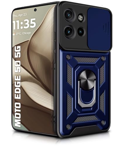 Image of WOW IMAGINE Tough Armor Bumper Mobile Back Case for Motorola Moto Edge 50 5G | Sliding Camera Shield Cover | Shock Proof 360 Protection | Hybrid PC + TPU | Ring Holder with Kickstand - Blue