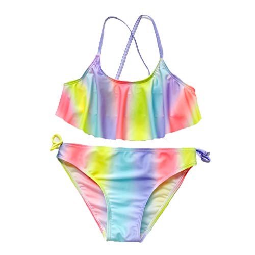 Split Children 's Bikini Color teñido de color traje de baño con estampado niña traje de cordones con volantes vacaciones playa, multicolor, 5-6 Años