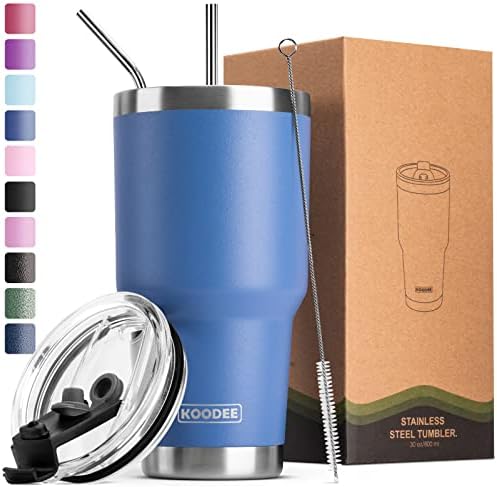 koodee 20 oz Tumbler with Lid-Stainless Steel Vacuum Insulated Coffee Cup with 2 Straws, 1 Lids and Brush (Navy)
