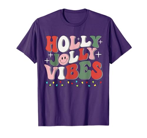 Groovy Holly Xmas Jolly Vibes Christmas Lights Santa Hat T-Shirt