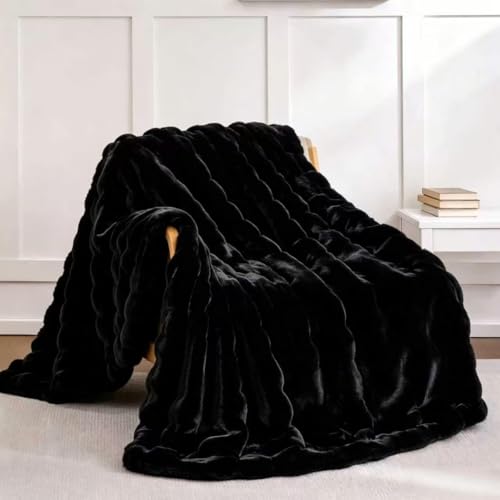 Ghouse Black Faux Fur Bubble Throw Blanket Soft Plush Decorative Throw for Couch Sofa Chair or Bed Fuzzy Cozy Bed Accent Machine Washable 50 x 60 Inch