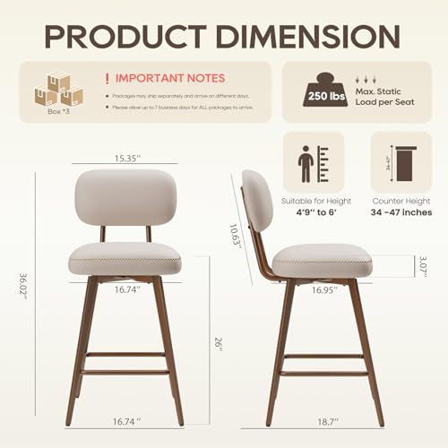 Image of MALOL 26 inch PU Leather Swivel Bar Stools Set of 6, Mid Century Counter Height Bar Chairs with Low Back and Metal Legs, Modern Bar Stool Chair for Kitchen Island, Beige