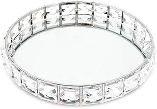 Carousel Home Gifts Stylish Round Silver Mirrored Display Dish | Diamante Decorative Metal Table Centerpiece | Perfume Jewellery Organiser Vanity Tray 21cm