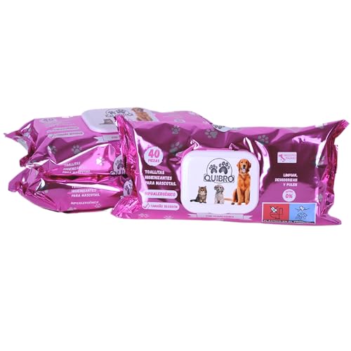 Quibropets Pack de 3 Toallitas Húmedas con Clorhexidina para la Higiene de Perros y Gatos - Limpieza Profunda y Efectiva en un Solo Paso - Limpiador de Patas para Mascotas - (Total 120 Toallitas)
