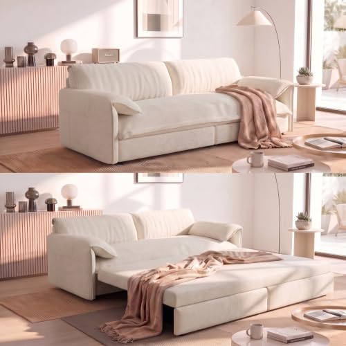 66" Convertible Pull Out Velvet Sofa Bed with Side Pockets, Beige