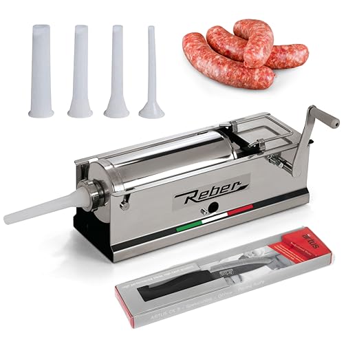 Reber Manual Sausage Stuffer 5L/11 LBS – Horizontal Sausage Maker with 2-Speed System for Home & Commercial Use – Heavy-Duty Stainless Steel Construction – 4 Stuffing Tubes Included – Made in Italy