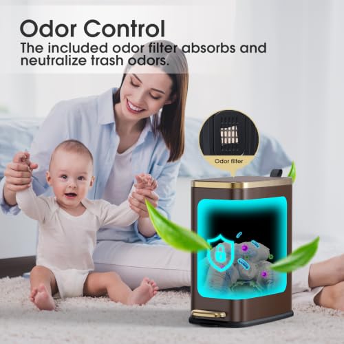 Image of CEROELDA Small Bathroom Trash Can with Lid-5L /1.3 Gal-Soft Close Lid-Brown
