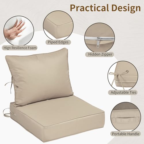 Image of 24x24 Outdoor Chair Cushions Set of 2, Waterproof Deep Seat Cushions for Patio Furniture with Removable Cover, Fade Resistant 4'' Outdoor Seat Cushion with Ties Handle for Wicker Sofa Couch,Khaki