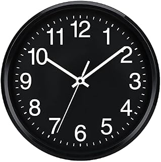 Plumeet Wall Clock, 10" Non Ticking Silent Quartz Black Wall Clocks, Battery Operated, Decorative Home Office School Clock (Black)
