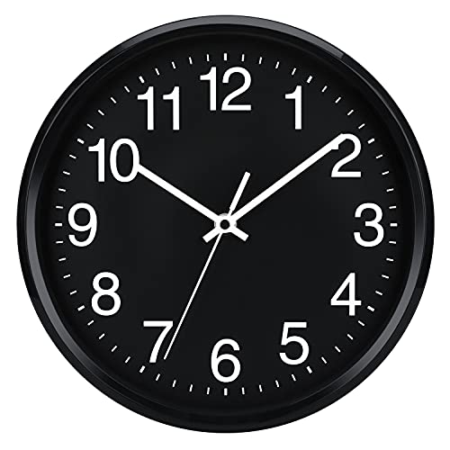 Plumeet 25cm Reloj de Cuarzo de Pared Silencioso, Decorativo para el Hogar/la Cocina/la Oficina/la Escuela, Fácil Leer y con Pilas (Negro)