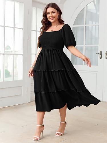 Image of Women's Plus Size Wedding Guest Dress Midi Smocked Square Neck Short Sleeve Tiered Ruffle Casual Dresses