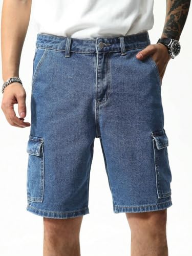 Image of GRECIILOOKS Denim Cargo Shorts for Men Stylish | Washed Jeans Half Pant for Men | Knee Length Cargo Shorts for Mens | Regular Fit Mens Pant Casual, Utility Streetwear Jorts, Travel Summer Wear