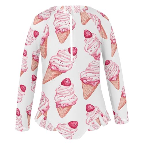ALAZA Strawberry Ice Cream Cartoon Girls One Piece Swimsuit Long Sleeve Rashguard Swimsuit UV 50+ Swimwear Zip2