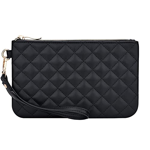 Quilted Wristlet Purse for Women, Vegan Leather Wristlet Pouch Zip Clutch Bag, Evening Clutch Purse with strap