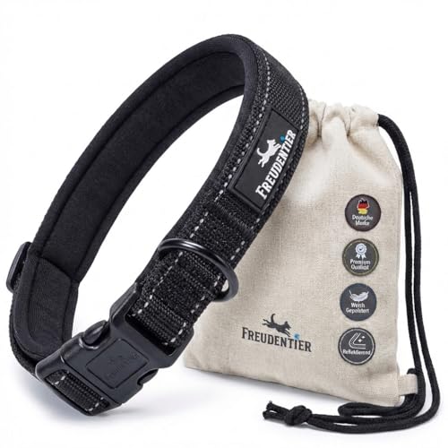 FREUDENTIER Collare per cani – Morbida imbottitura in neoprene, riflettente e robusto, per cani di taglia piccola, media e grande (nero, 20-30 cm)
